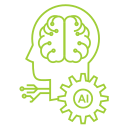 A human head silhouette with a gear and AI chip embedded signifies the power of AI integration training to optimize workflows in content generation, data analytics, SEO, and customer personalization.