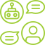 A chat bubble icon with a person and gear symbolizes automated customer support tools that minimize human intervention for repetitive tasks like FAQs and troubleshooting.