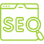 An SEO icon with a magnifying glass and graph represents automated SEO tasks like keyword research, site audits, and backlink analysis to improve website rankings.